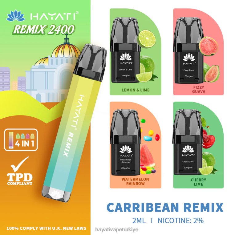 Hayati Remix önceden doldurulmuş kapsül sistemi 2400 nefes 28JJZ52 - Hayati vape flavours - karayip remixi