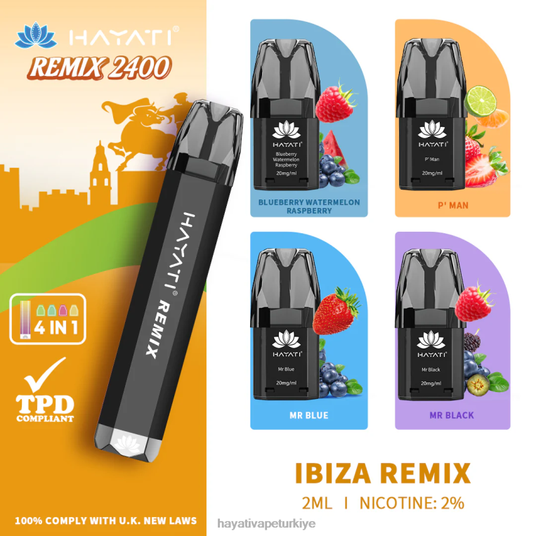 Hayati Remix önceden doldurulmuş kapsül sistemi 2400 nefes 28JJZ55 - Hayati flavour list - ibiza remix