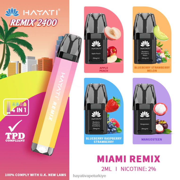 Hayati Remix önceden doldurulmuş kapsül sistemi 2400 nefes 28JJZ56 - Hayati flavour vapes - miami remix