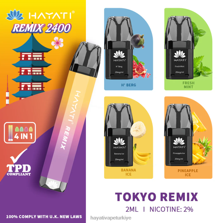 Hayati Remix önceden doldurulmuş kapsül sistemi 2400 nefes 28JJZ58 - Hayati vape company - Tokyo remixi