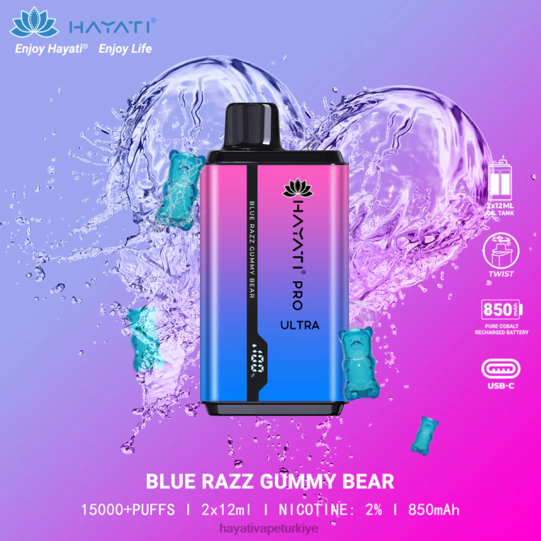 Hayati Pro Ultra tek kullanımlık 15000 puf 28JJZ194 - Hayati flavours Türkiye - mavi razz sakızlı ayı