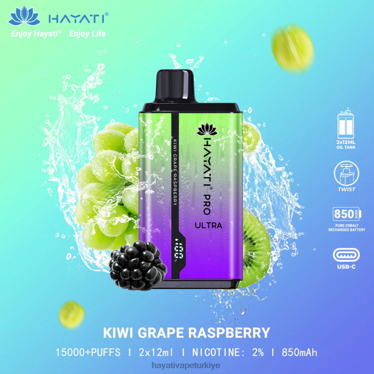 Hayati Pro Ultra tek kullanımlık 15000 puf 28JJZ202 - Hayati vape flavours - kivi üzüm ahududu