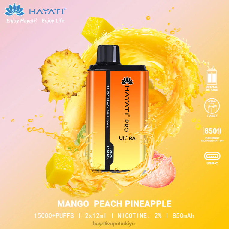 Hayati Pro Ultra tek kullanımlık 15000 puf 28JJZ204 - Hayati flavours Türkiye - mango şeftali ananas