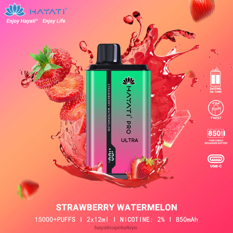 Hayati Pro Ultra tek kullanımlık 15000 puf 28JJZ211 - Hayati vape Türkiye - çilek karpuz