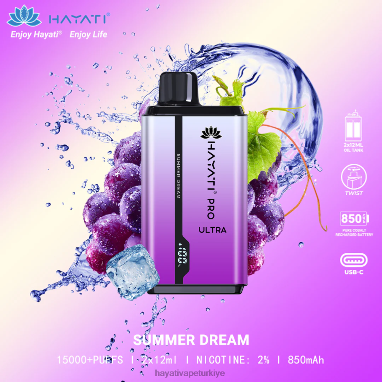 Hayati Pro Ultra tek kullanımlık 15000 puf 28JJZ212 - Hayati vape flavours - yaz Rüyası