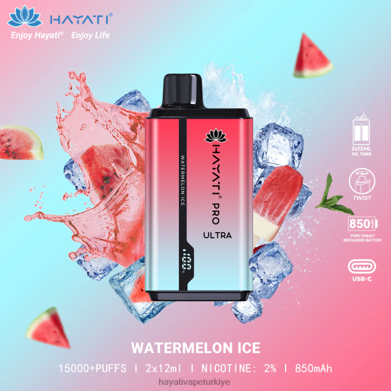 Hayati Pro Ultra tek kullanımlık 15000 puf 28JJZ214 - Hayati flavours Türkiye - karpuz buzu