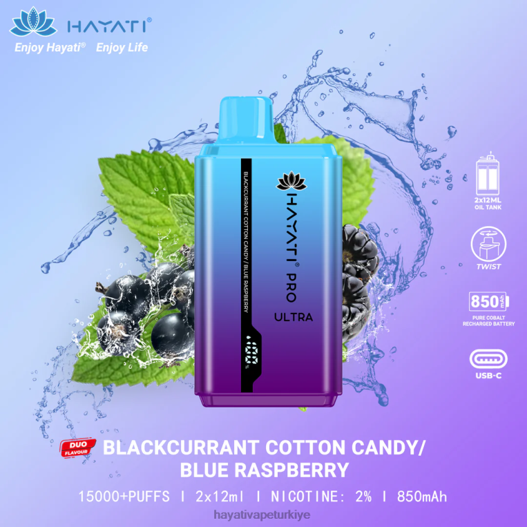 Hayati Pro Ultra tek kullanımlık 15000 puf 28JJZ216 - Hayati flavour vapes - Frenk üzümü pamuk şekeri/mavi ahududu