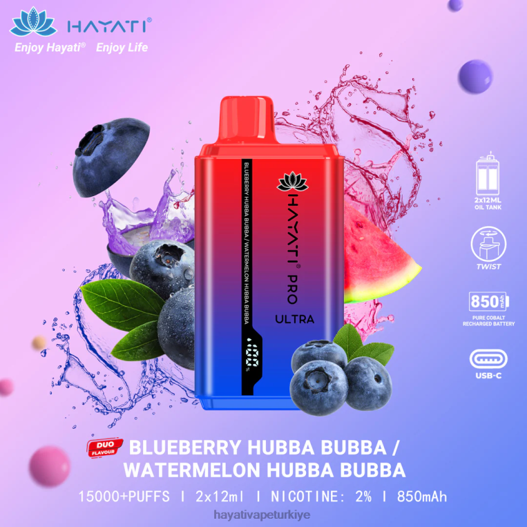 Hayati Pro Ultra tek kullanımlık 15000 puf 28JJZ217 - Hayati Türkiye - yaban mersini hubba bubba/karpuz hubba bubba