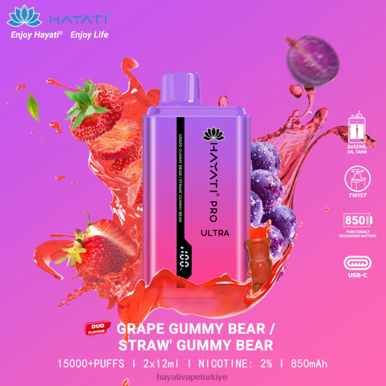 Hayati Pro Ultra tek kullanımlık 15000 puf 28JJZ221 - Hayati vape Türkiye - üzüm sakızlı ayı/çilek sakızlı ayı