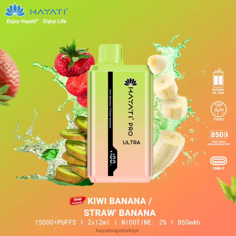 Hayati Pro Ultra tek kullanımlık 15000 puf 28JJZ222 - Hayati vape flavours - kivi muz/çilek muz