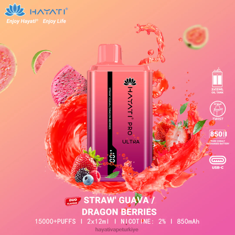 Hayati Pro Ultra tek kullanımlık 15000 puf 28JJZ224 - Hayati flavours Türkiye - çilek guava/ejderha meyveleri