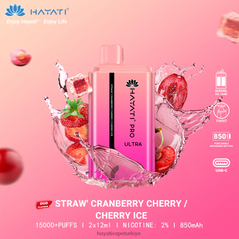 Hayati Pro Ultra tek kullanımlık 15000 puf 28JJZ225 - Hayati flavour list - çilek kızılcık kiraz-kiraz dondurması