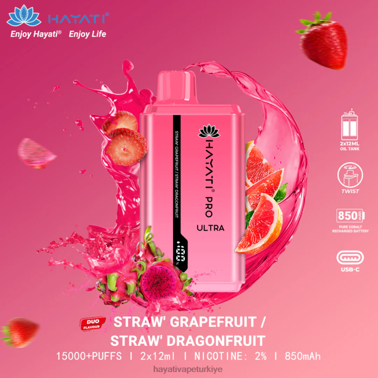 Hayati Pro Ultra tek kullanımlık 15000 puf 28JJZ226 - Hayati flavour vapes - çilek greyfurt/çilek yusufçuk