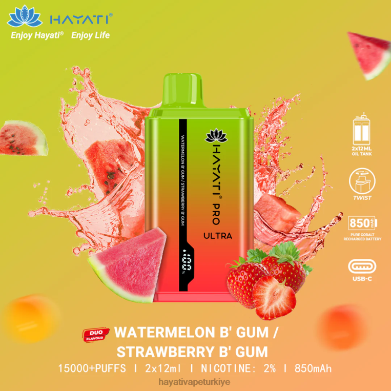 Hayati Pro Ultra tek kullanımlık 15000 puf 28JJZ227 - Hayati Türkiye - karpuzlu sakız/çilekli sakız